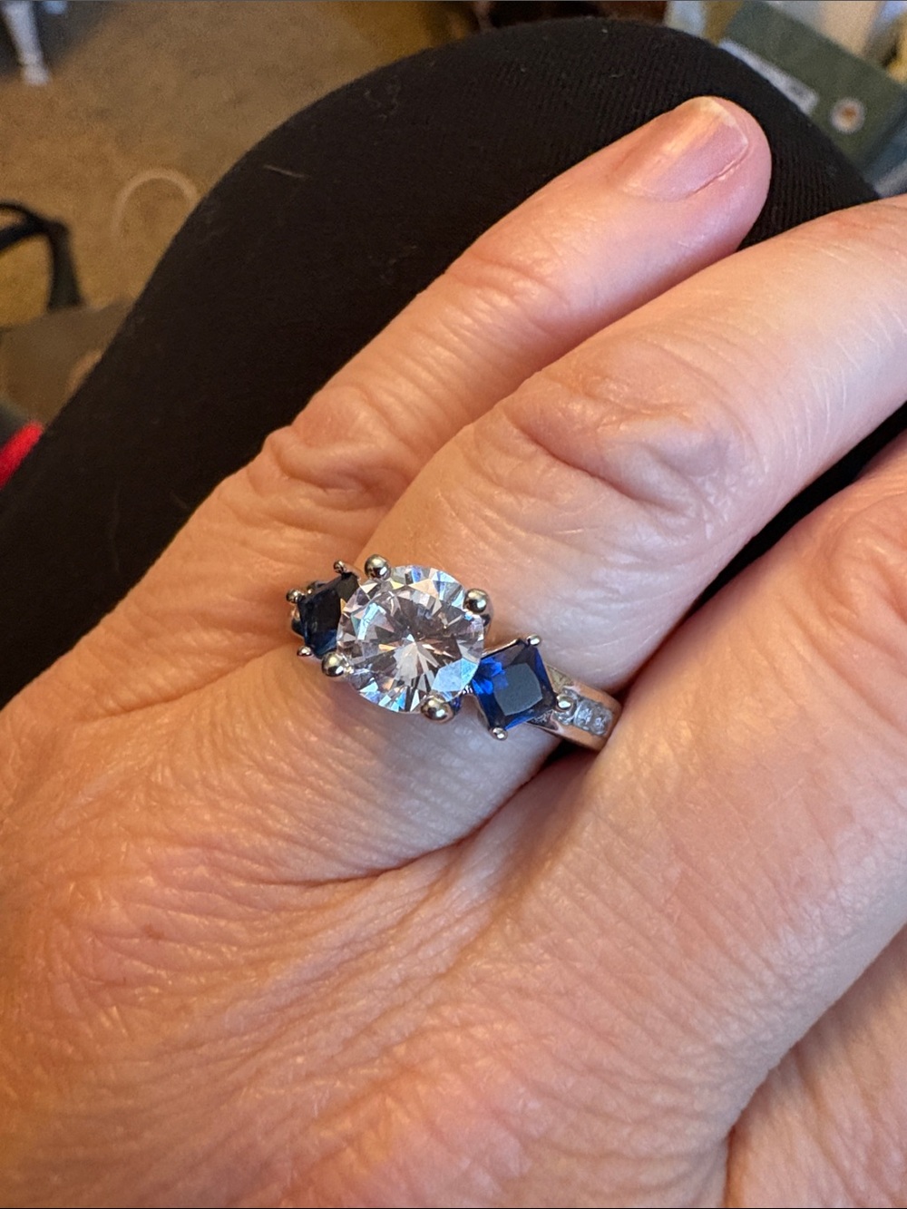 Sterling Silver Sapphire and Clear CZ Three-Stone Ring - Blue and Silver size 8
